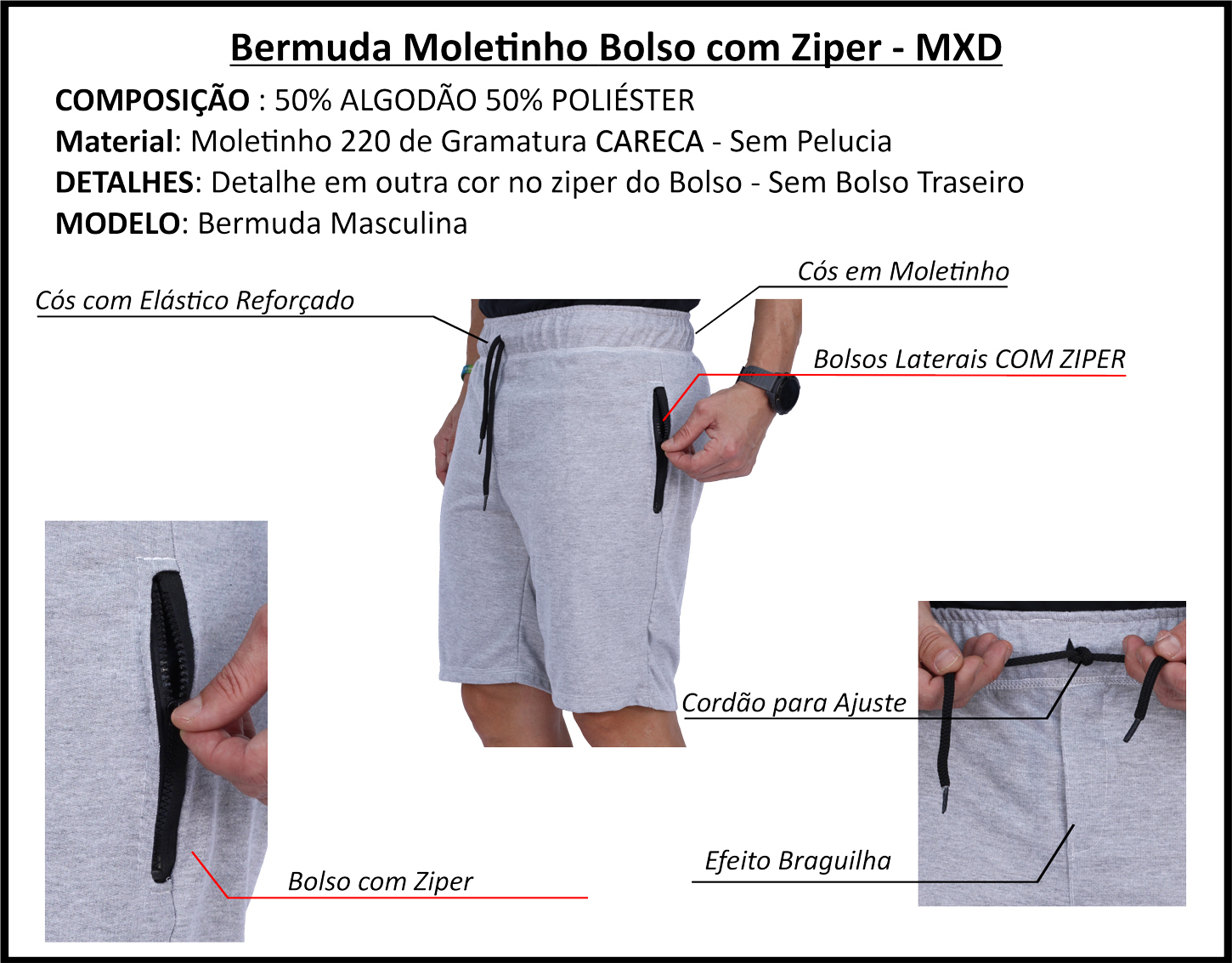 Tabela de medidas bermuda masculina moletom e moletinho MXD