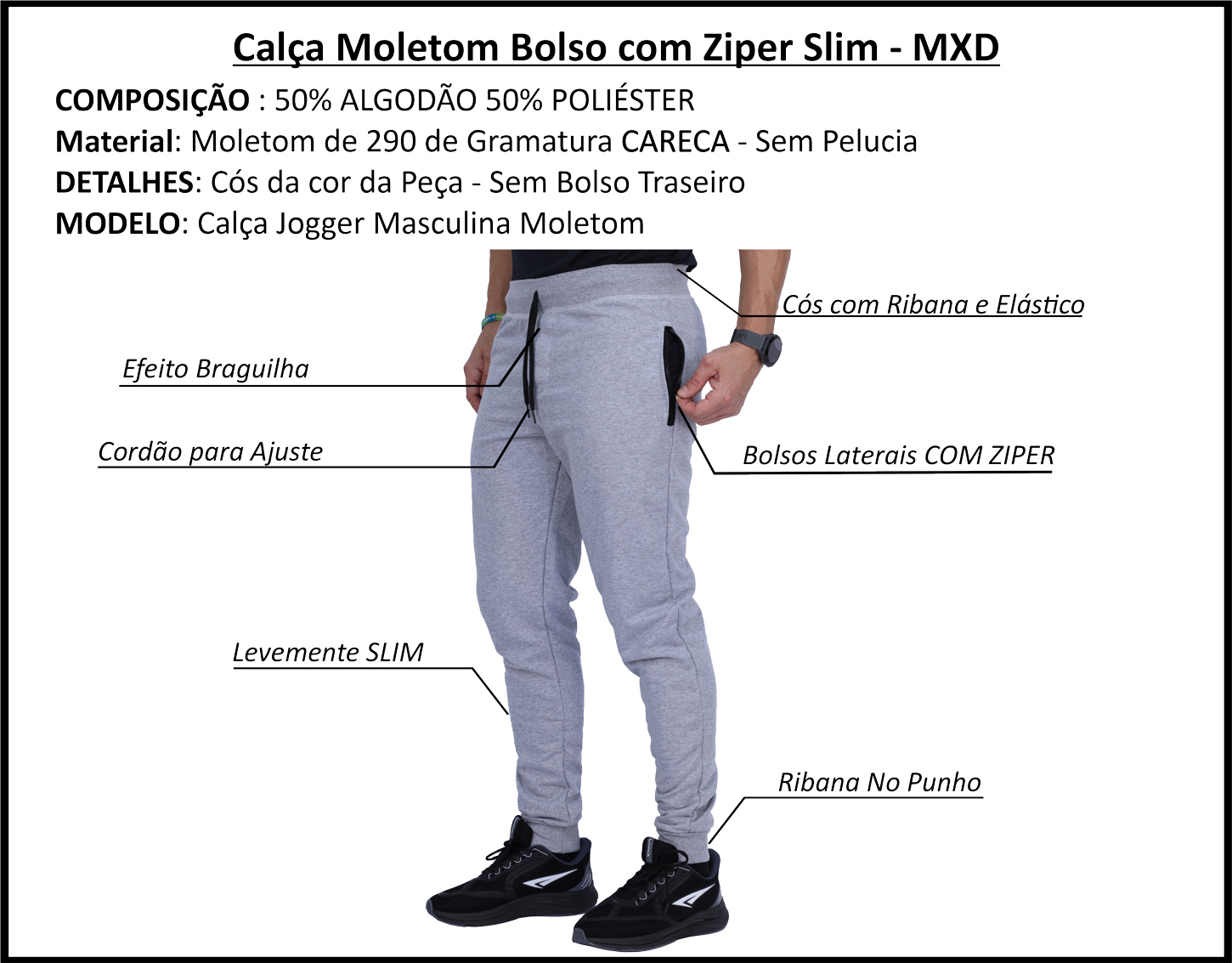 Caimento da calça moletom com zíper