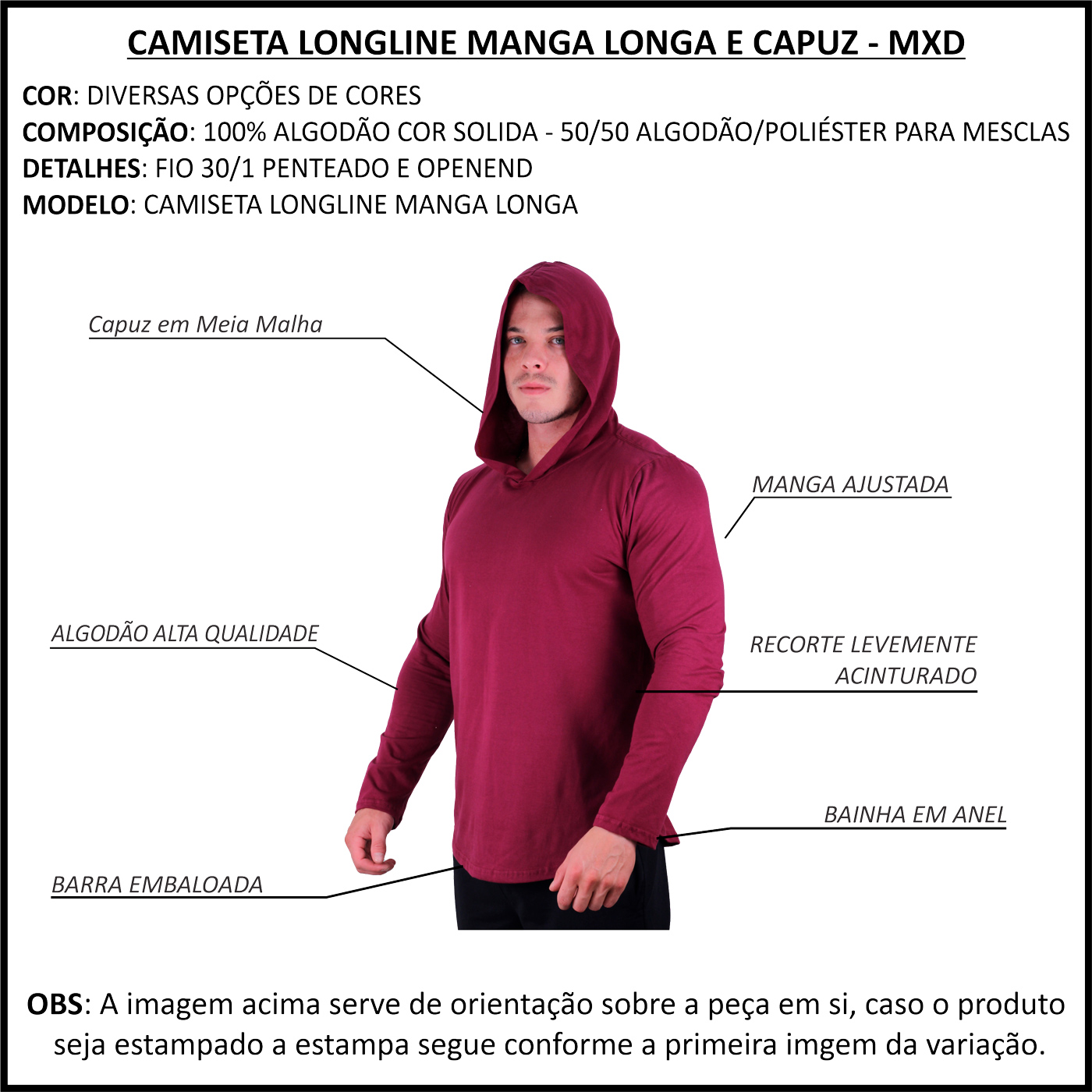 Detalhes Camiseta Manga Longa Longline com Touca