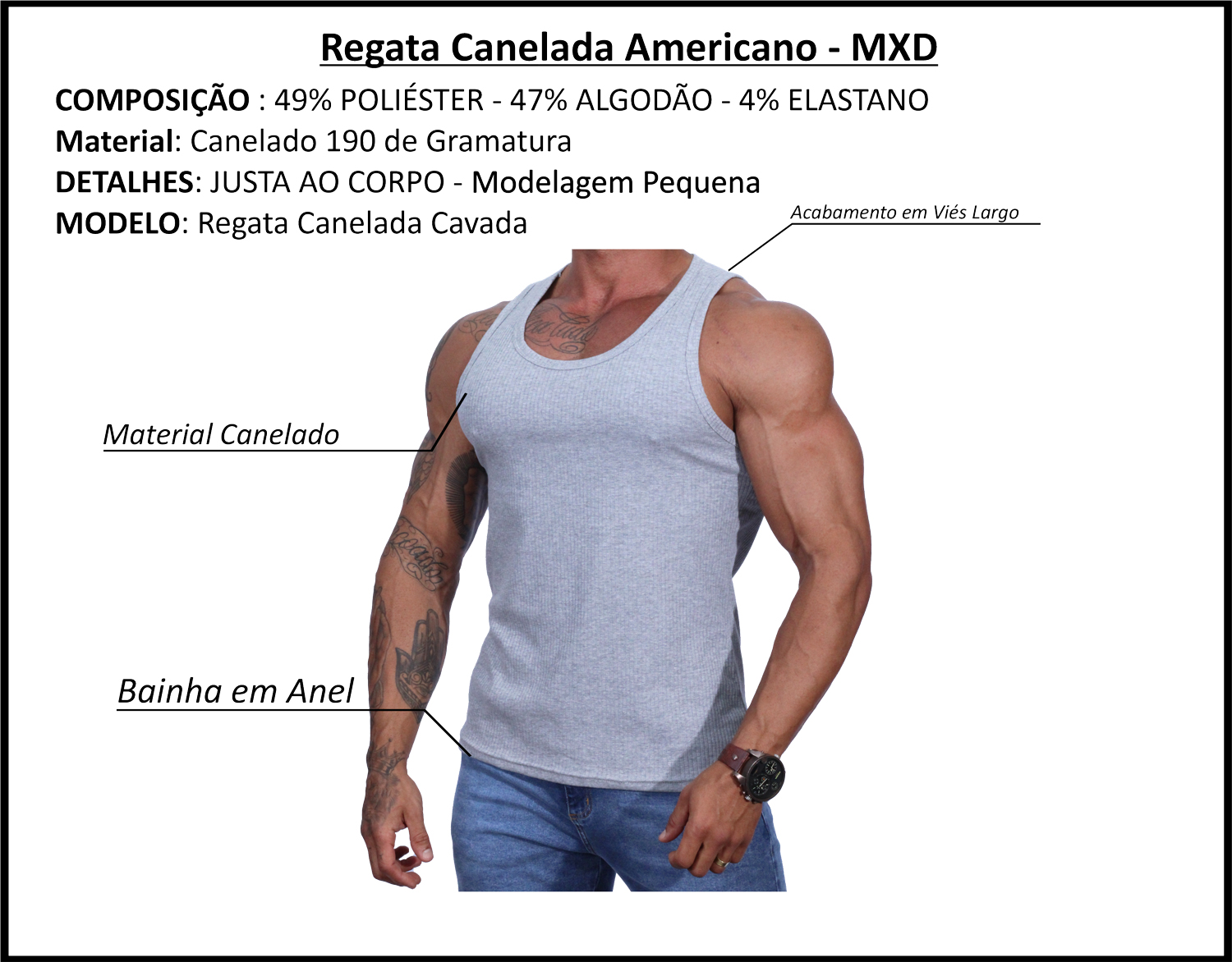 Detalhes da Regata Canelada Modelo Americano MXD