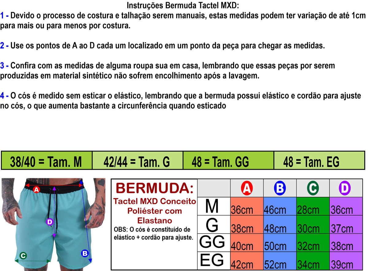 Tabela de Medidas – Bermuda Tactel com Elastano