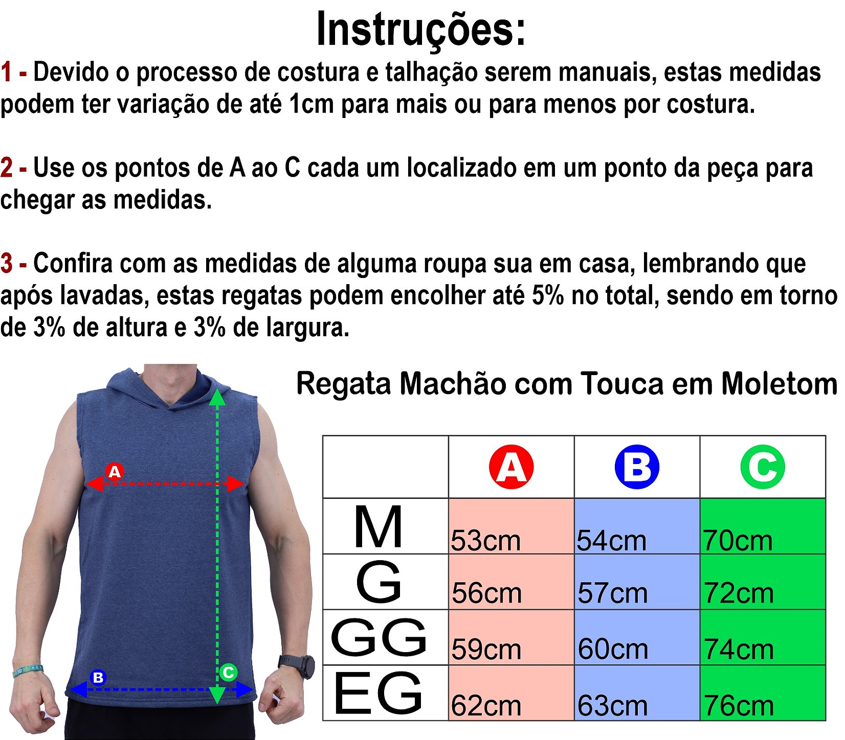 Tabela de medidas regata machão com capuz MXD Conceito