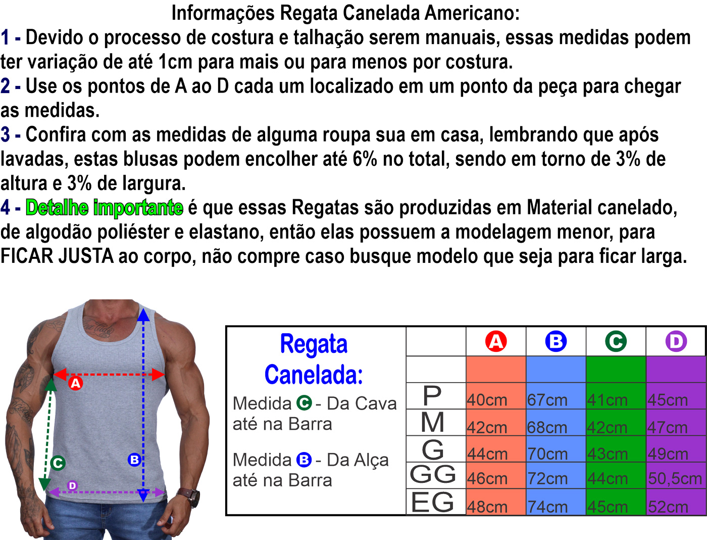 Tabela de Medidas Regata Canelada Modelo Americano MXD
