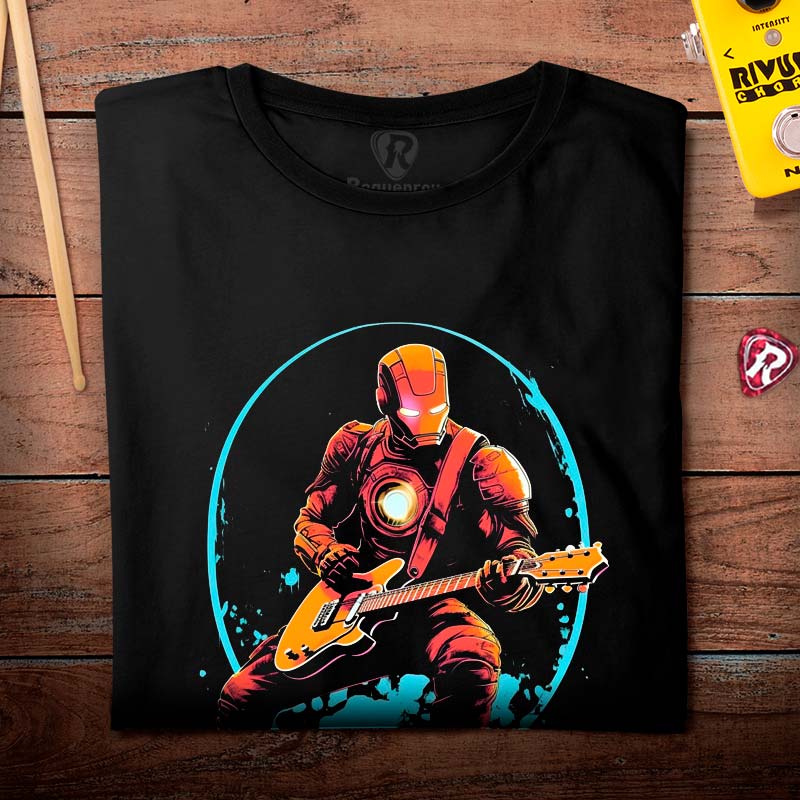 Camiseta Iron Man Guitar Player Unissex Infantil Preta 100 Algodao Roquenrou Estampado na Veia