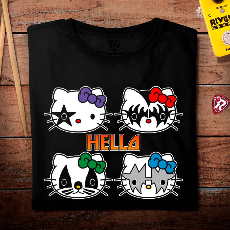 Camiseta Hello Kiss Unissex Infantil Preta 100 Algodao Roquenrou Estampado na Veia