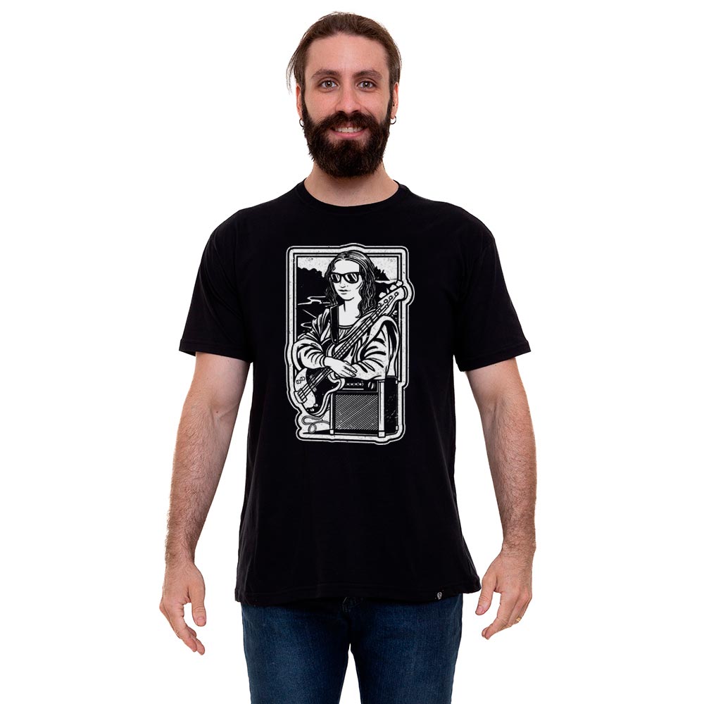Camiseta Mona Lisa Baixista Preta| 100% Algodão - Roquenrou | Estampado na  Veia!, image size:1000x1000