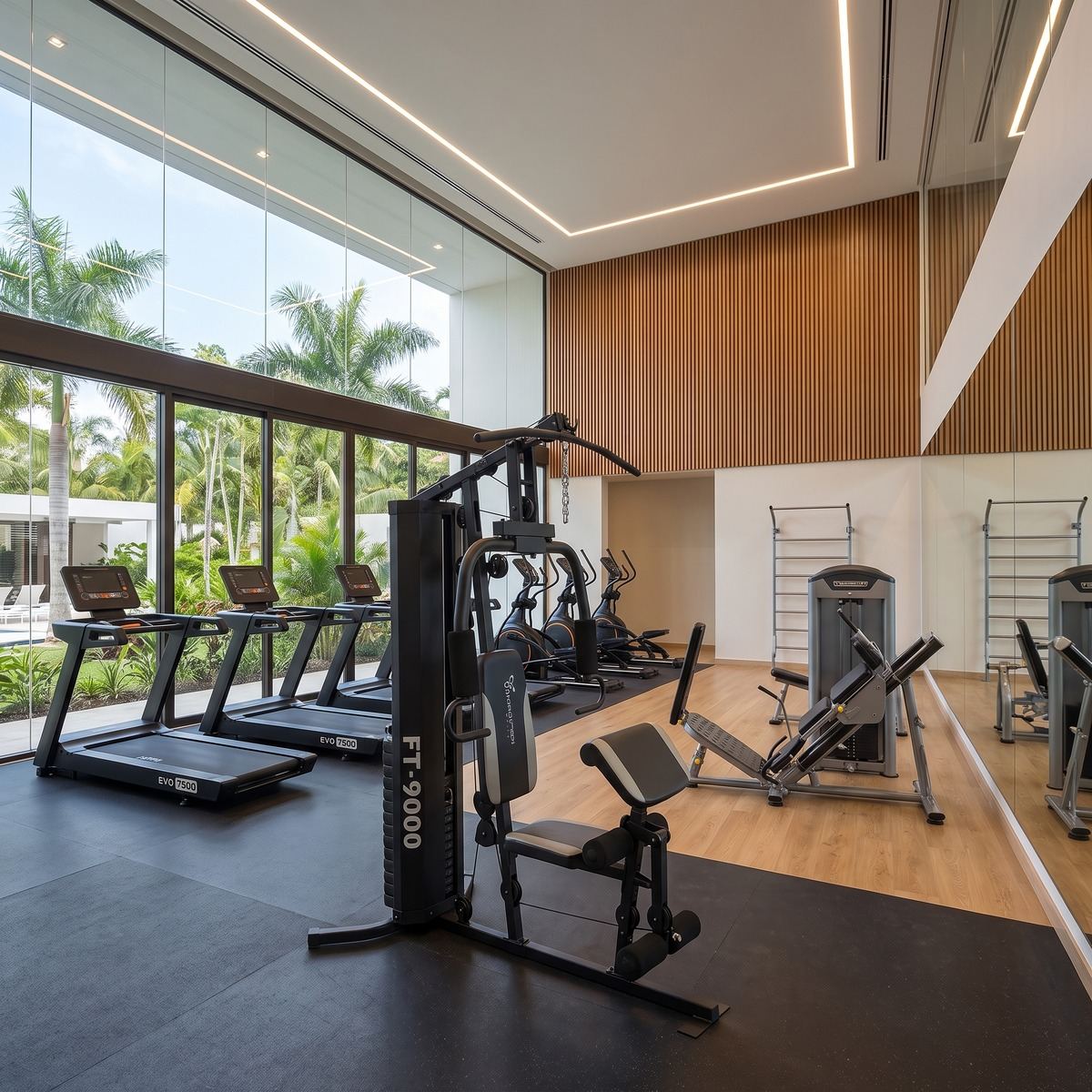 Academia de empreendimento de alto padrão com estação de musculação, esteiras, transports, leg press e espaldar