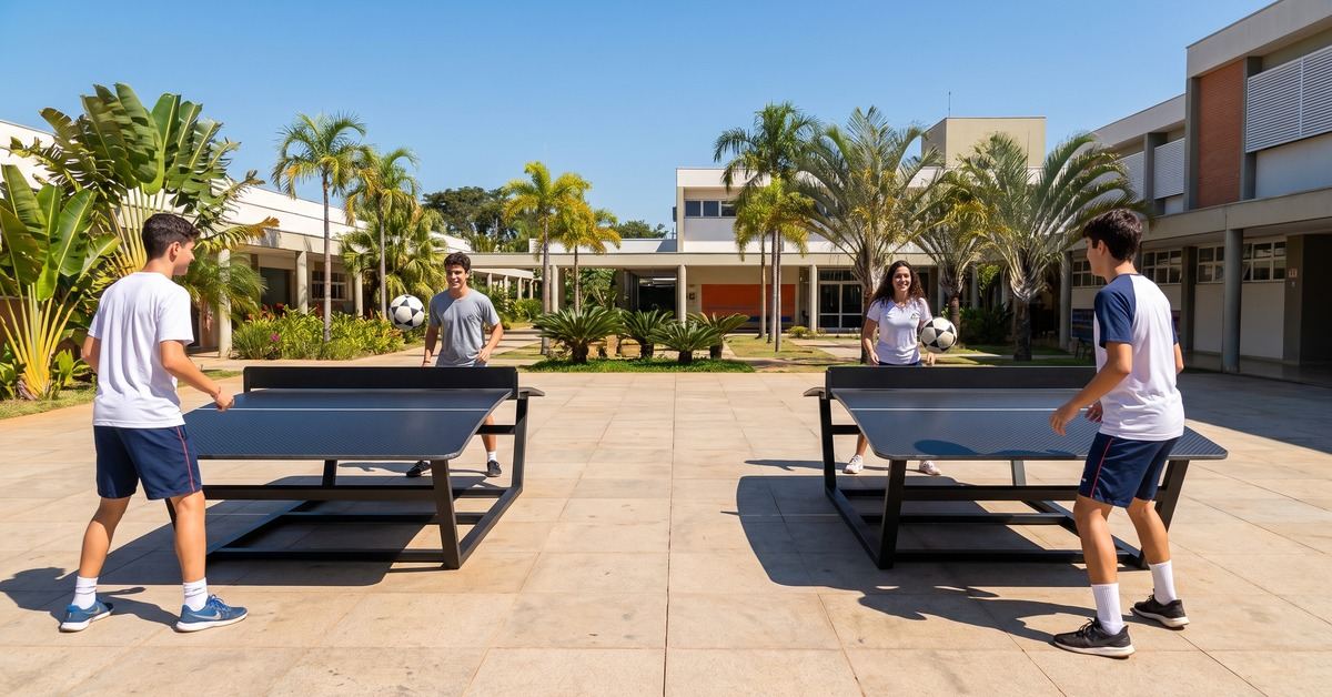 Futmesa para escola: alunos jogando em duas futmesas no pátio