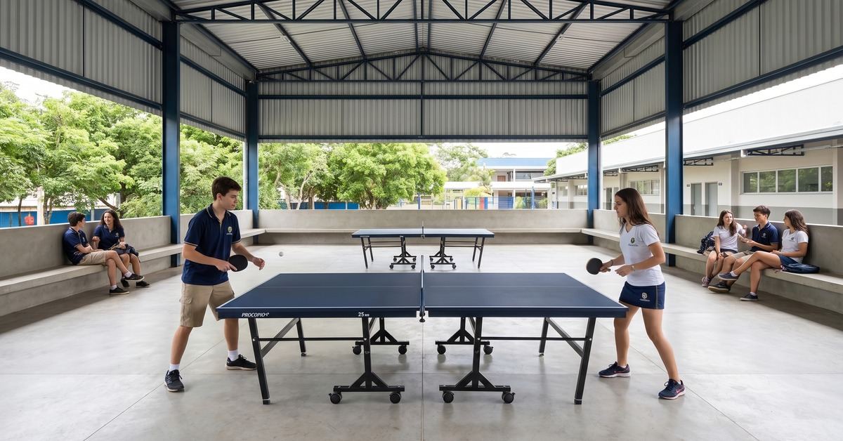 Mesa de ping pong para escola: alunos jogando tênis de mesa no pátio coberto
