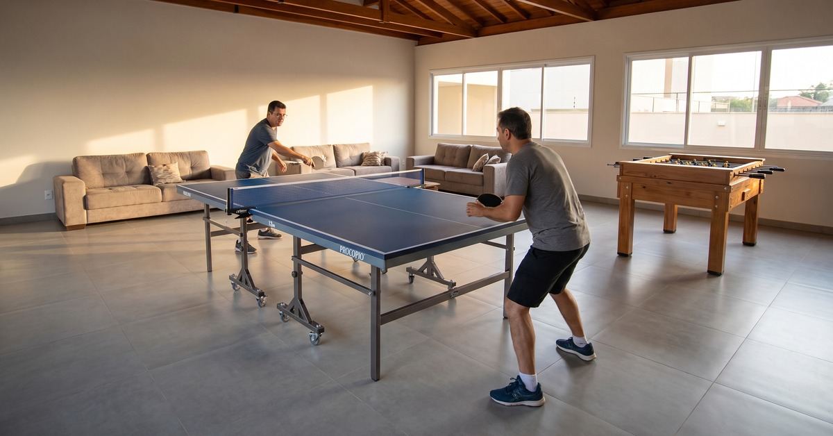 Salão de jogos de condomínio com mesa de tênis de mesa e totó