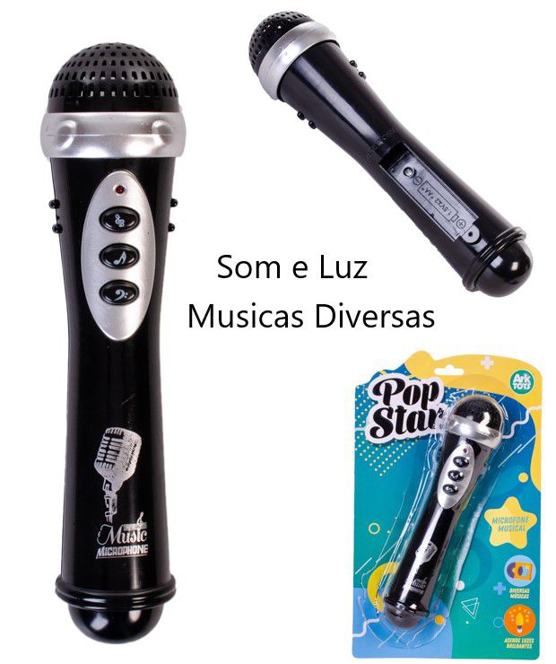 Brinquedo Microfone Musical Preto Infantil Com Luz E Som - Click Compras Na  Internet®