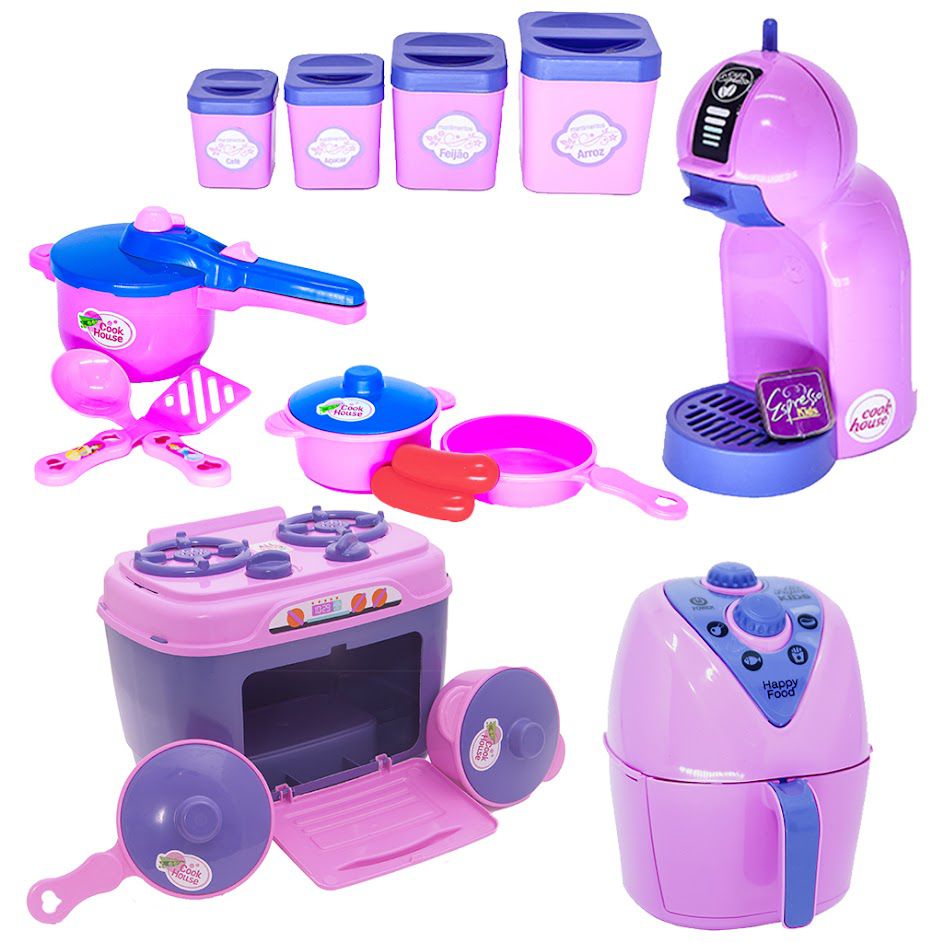 Kit Brinquedo Cozinha Menina Rosa Fogão Pote Panela Café 16p - Click  Compras Na Internet®