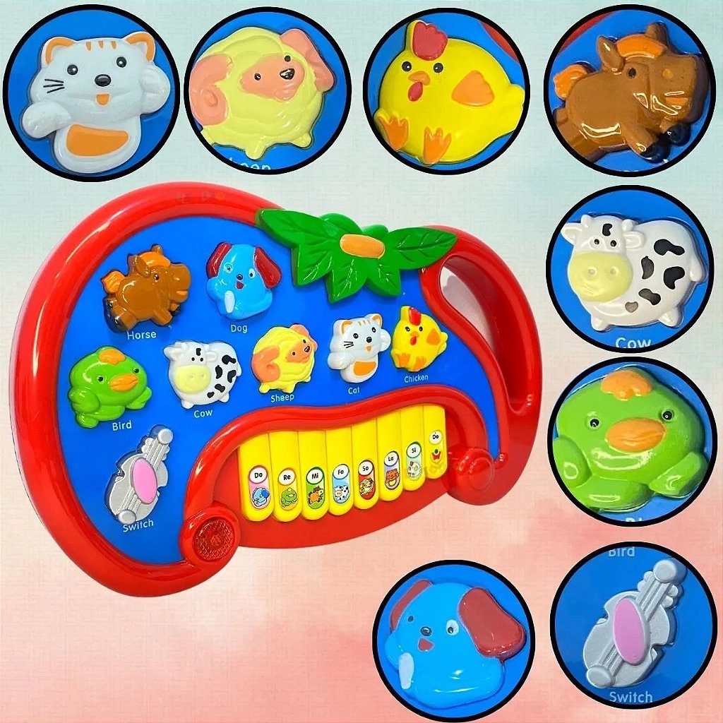 Teclado piano musical infantil fazendinha colorida com luz wellmix