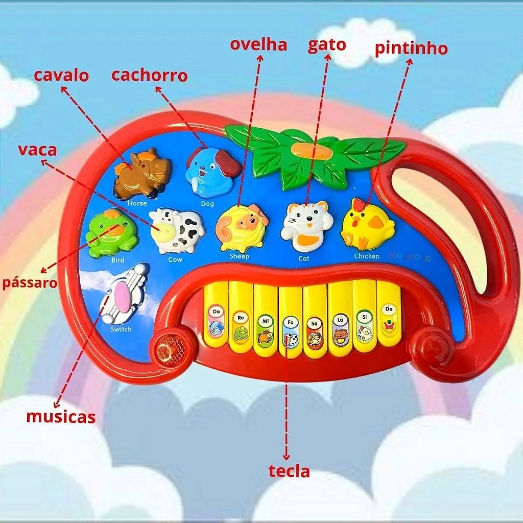 Pianinho Teclado Musical Infantil Som Luz Fazendinha Animais Cor