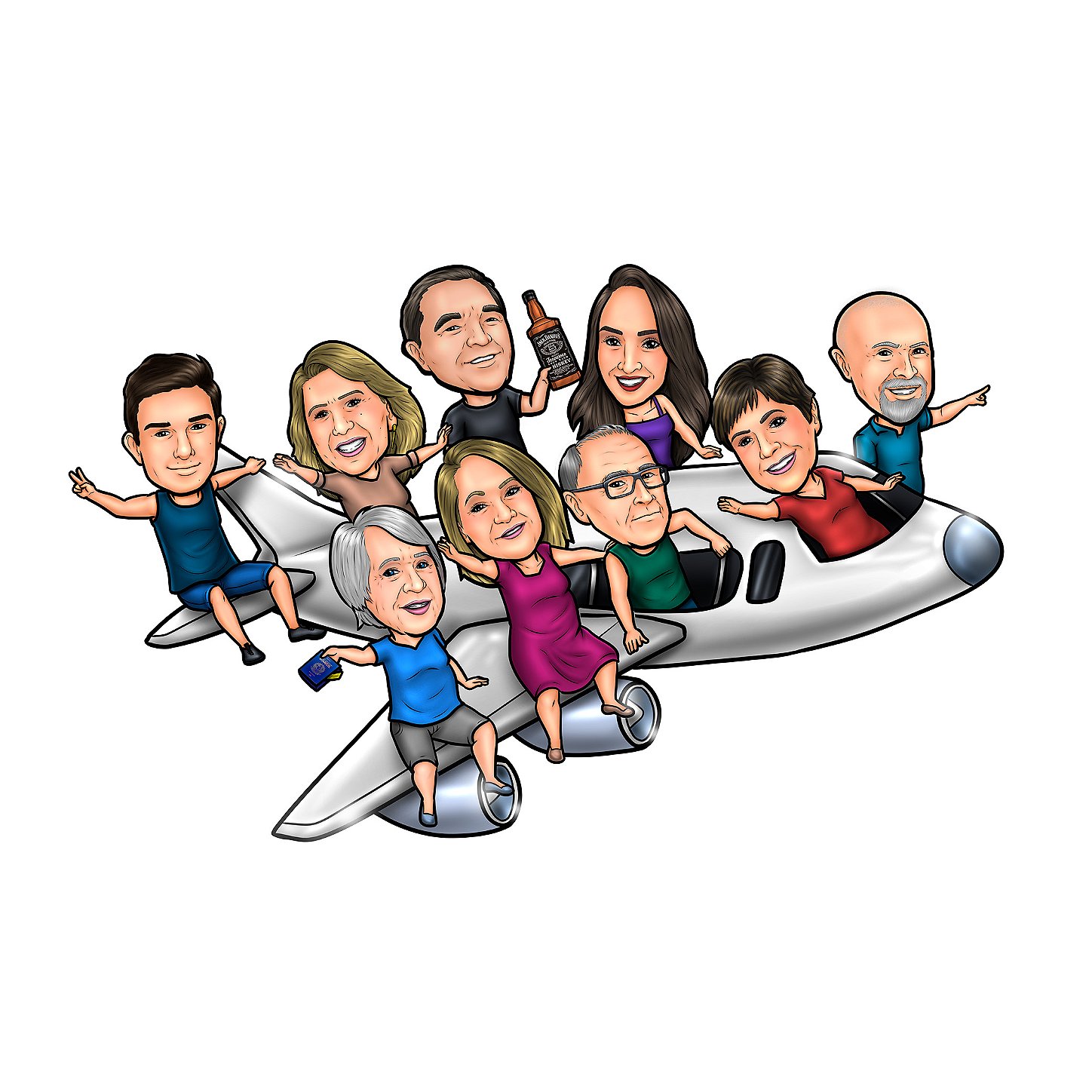 caricatura-viagem-em-grupo-ferias-aviao