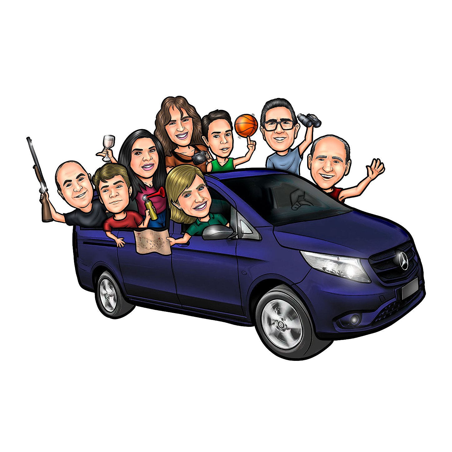 caricatura-carro-veiculo-viagem-grupo-amigos-familia