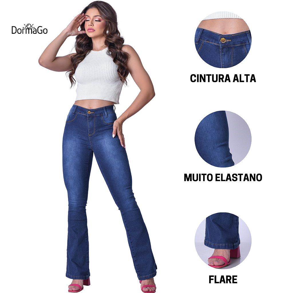 Calça Jeans Feminina Flare Cintura Alta Levanta Bumbum Azul Marinho -  DormaGo
