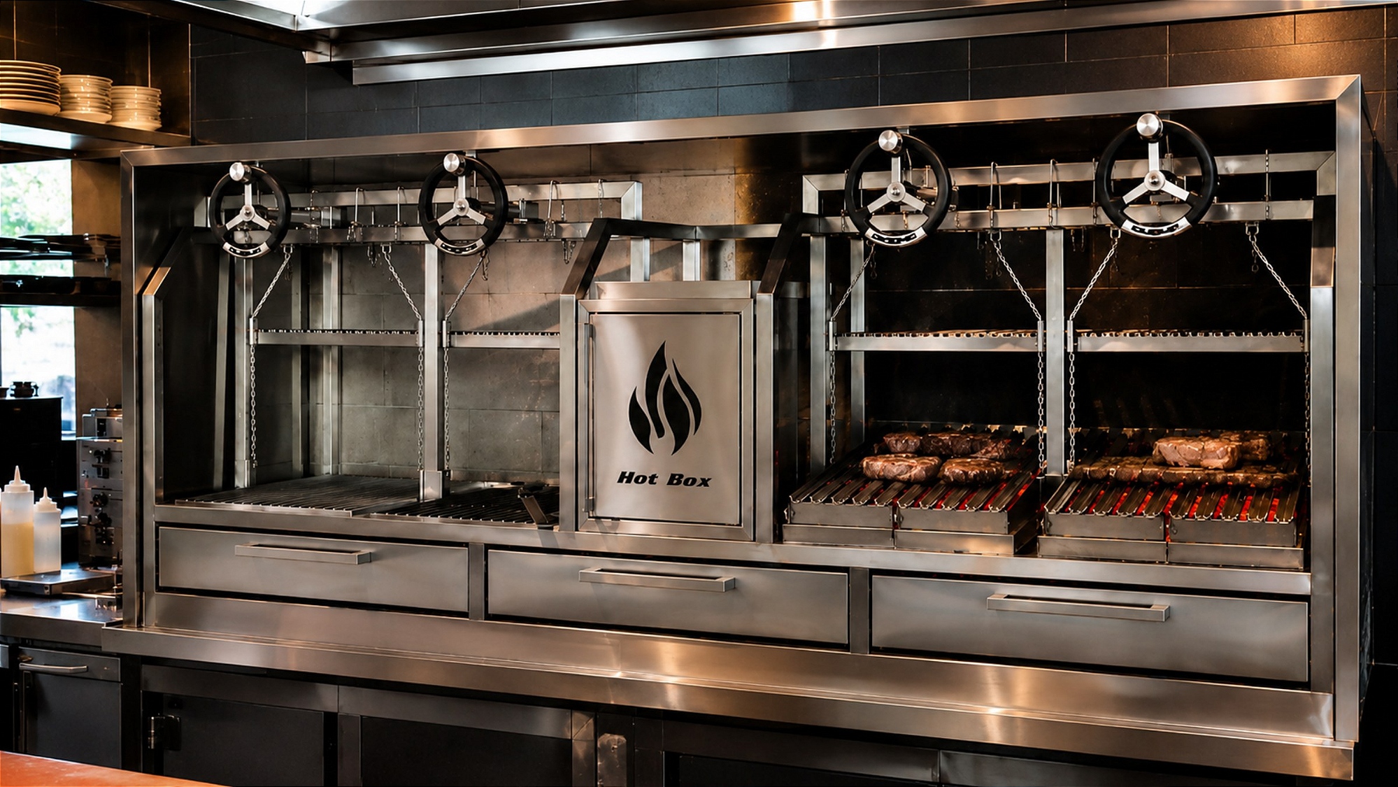 Parrilla profissional HotBox em inox instalada na cozinha de um restaurante, com carnes na grelha
