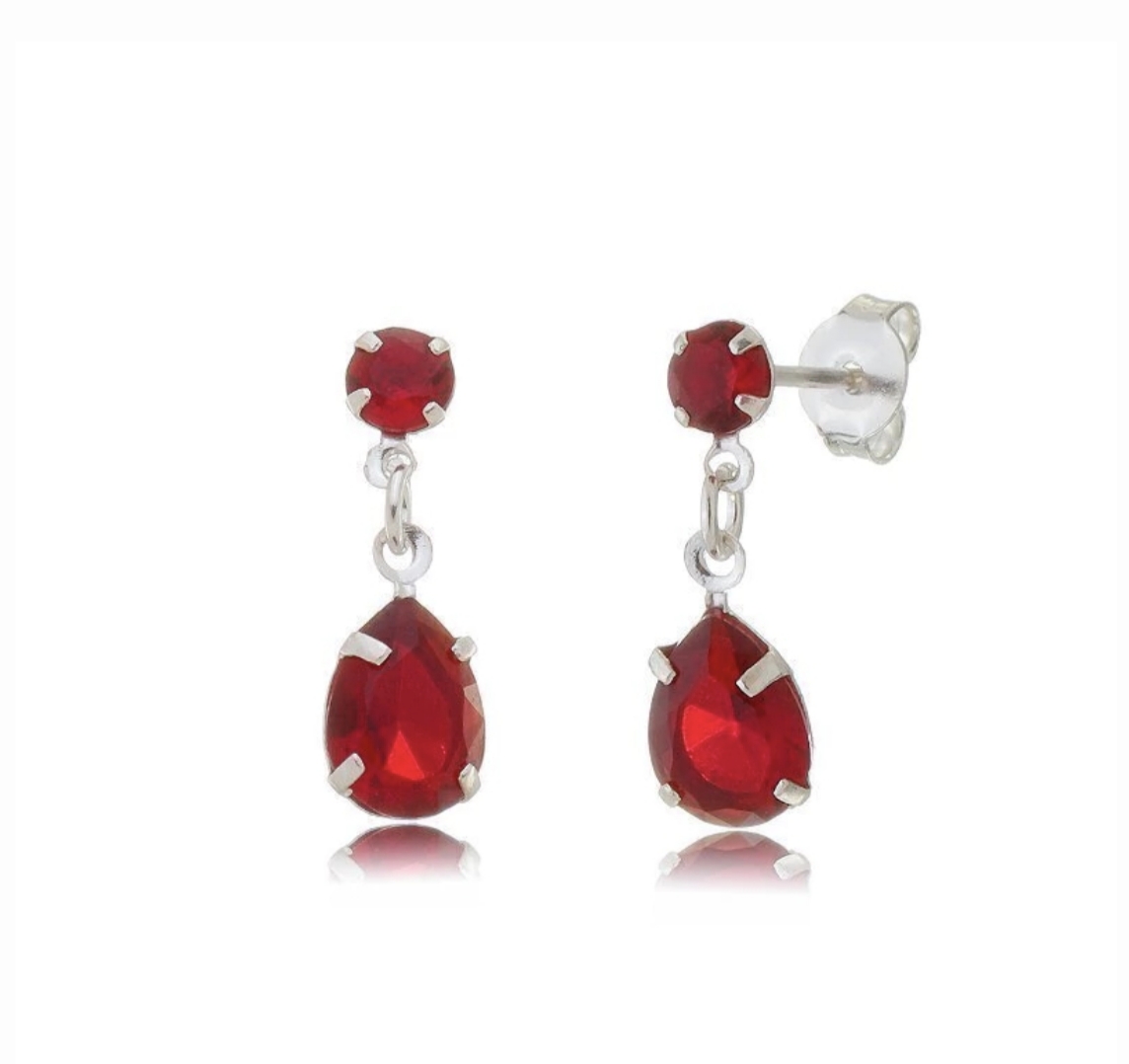 Brinco Prata 925 Zircônia Gota Vermelho 4mm