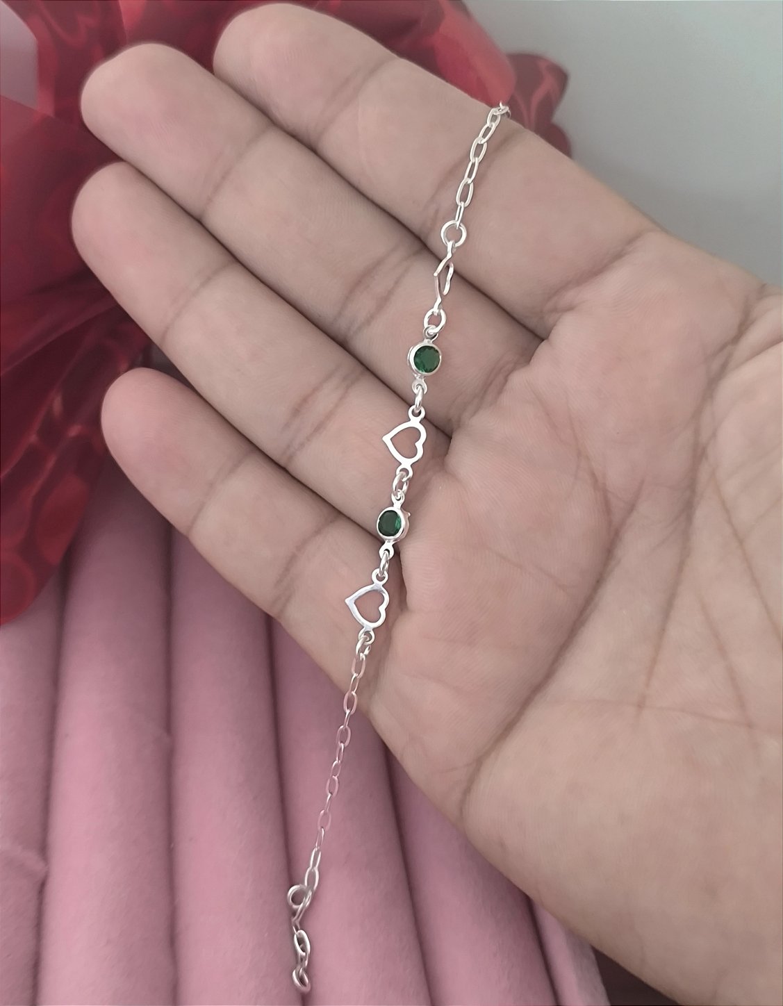 Pulseira 2 Corações com Pedra Verde Prata 925