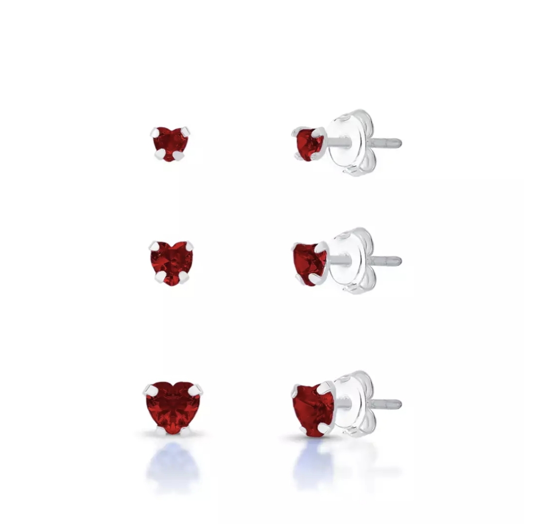 Trio de Brincos Coração Vermelho Prata 950