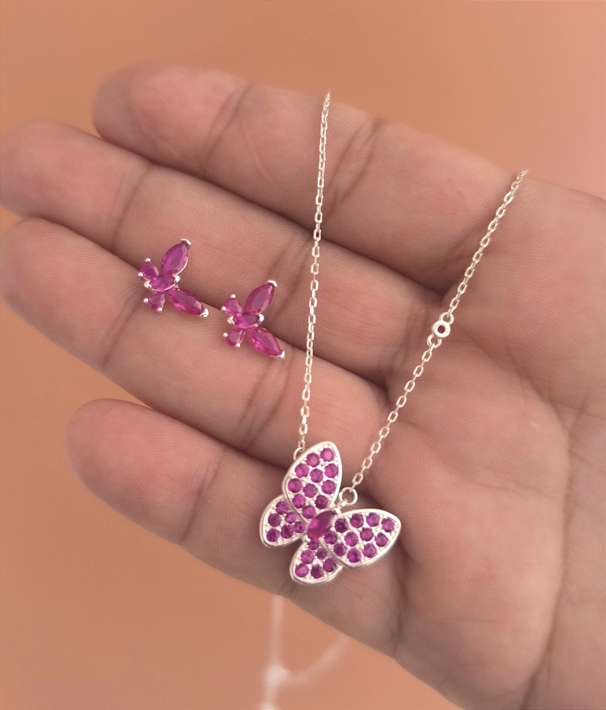 Conjunto Borboleta Zircônia Rosa Prata 925