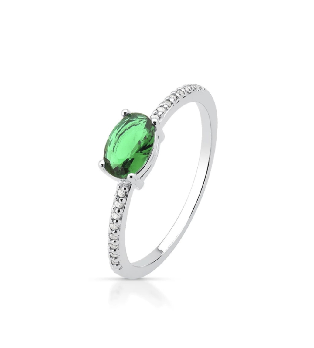 Anel Oval Largo Verde Cravejado Prata