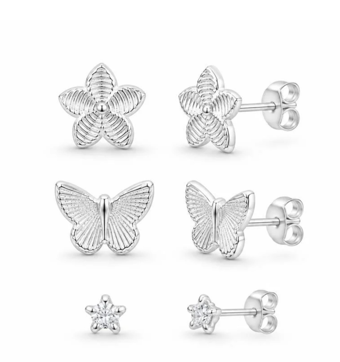 Trio de Brincos Flor Borboleta Estrela Prata