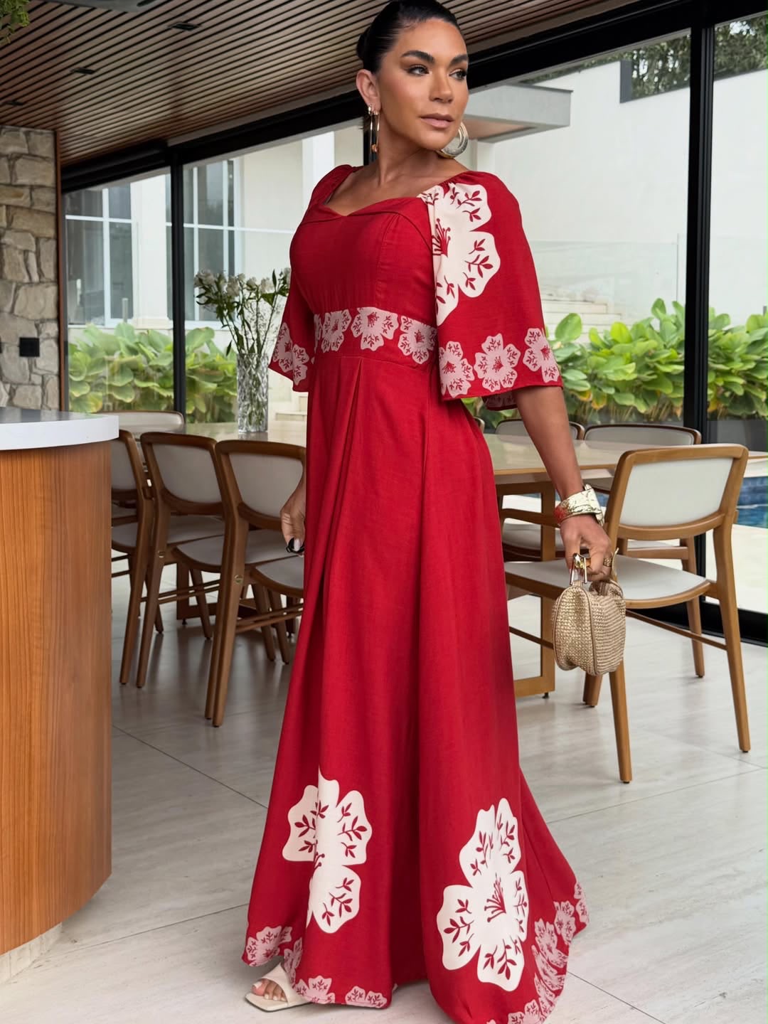 Vestido Estampado Longo Vermelho