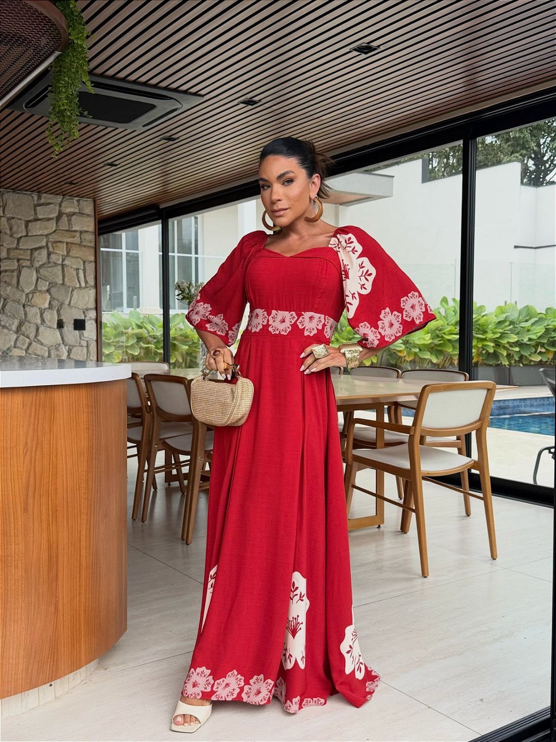 Vestido Estampado Longo Vermelho