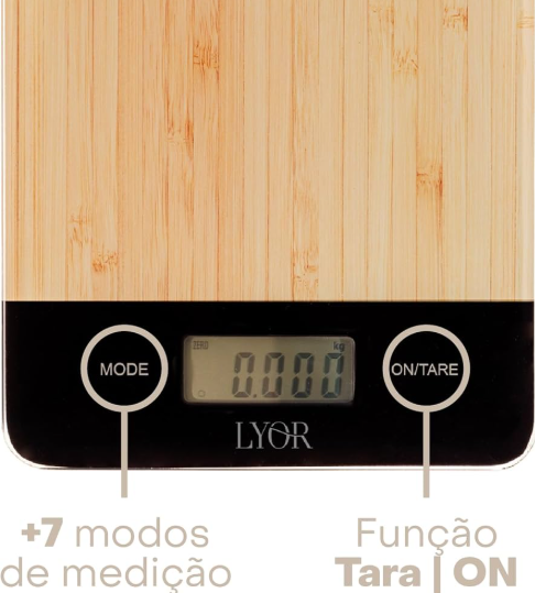 BALANÇA DE COZINHA DIGITAL DE VIDRO COM ESTAMPA DE BAMBU ATÉ 5KG - LYOR