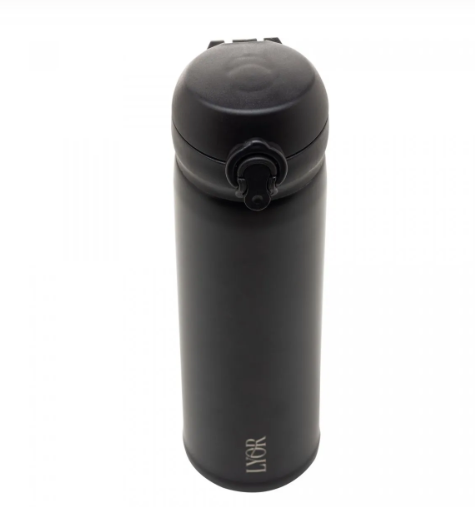 GARRAFA TÉRMICA DUPLA PAREDE DE AÇO INOX COM TAMPA FLIP PRETA 410ML - LYOR