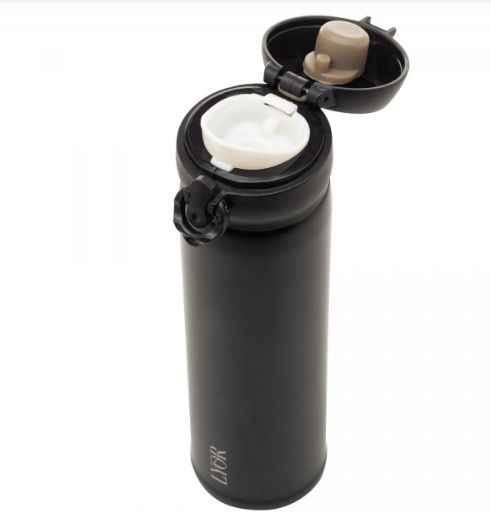 GARRAFA TÉRMICA DUPLA PAREDE DE AÇO INOX COM TAMPA FLIP PRETA 410ML - LYOR