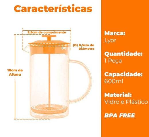 CAFETEIRA PRENSA FRANCESA DE VIDRO 600ML - LYOR