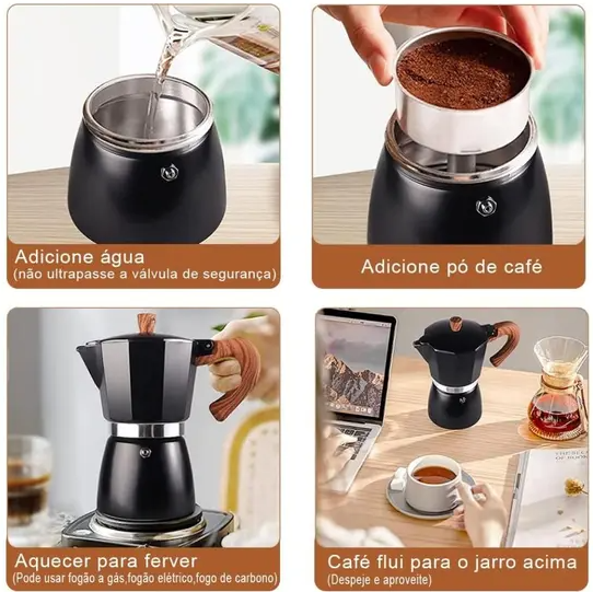 CAFETEIRA ITALIANA MOKA DE ALUMÍNIO 6 DOSES COM CABO EM MADEIRA - WOLFF