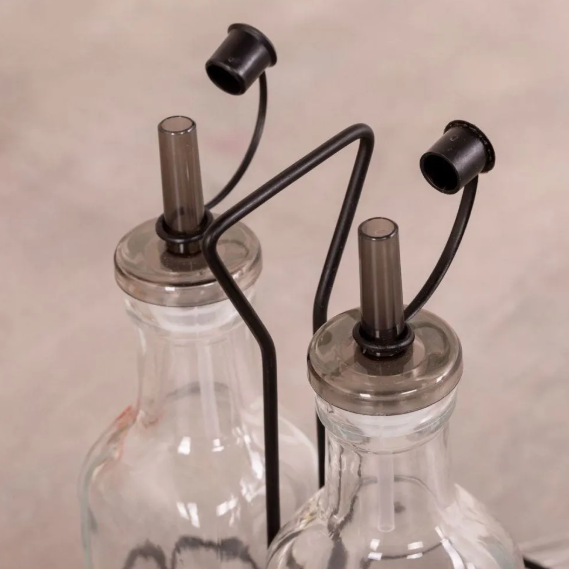 CONJUNTO 2 GALHETEIROS DE VIDRO E 2 PORTA CONDIMENTOS COM SUPORTE EM METAL - LYOR