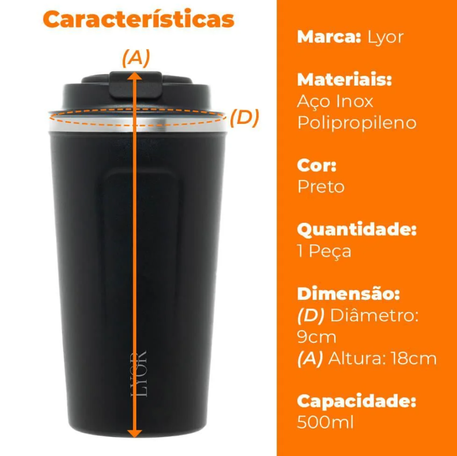 COPO TÉRMICO DE AÇO INOX PAREDE DUPLA COM TAMPA PRETO - LYOR