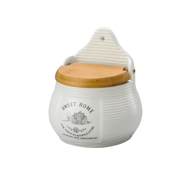 SALEIRO DE PAREDE CERÂMICA COM TAMPA DE BAMBU SWEET HOME BRANCO - LYOR