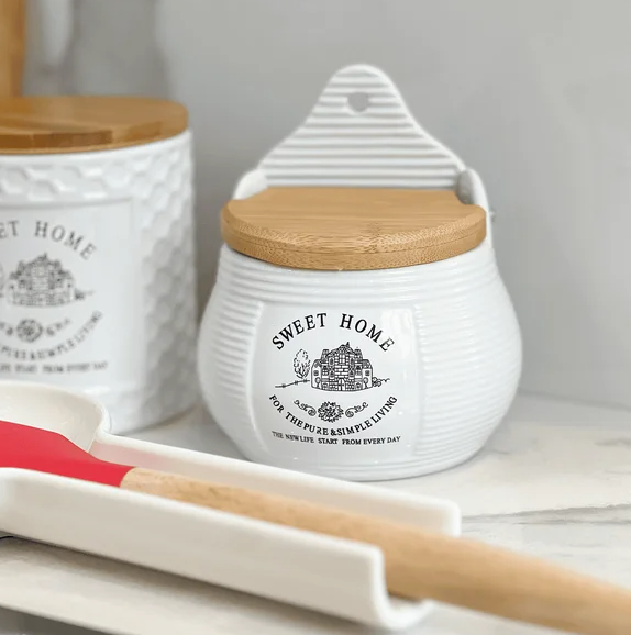 SALEIRO DE PAREDE CERÂMICA COM TAMPA DE BAMBU SWEET HOME BRANCO - LYOR