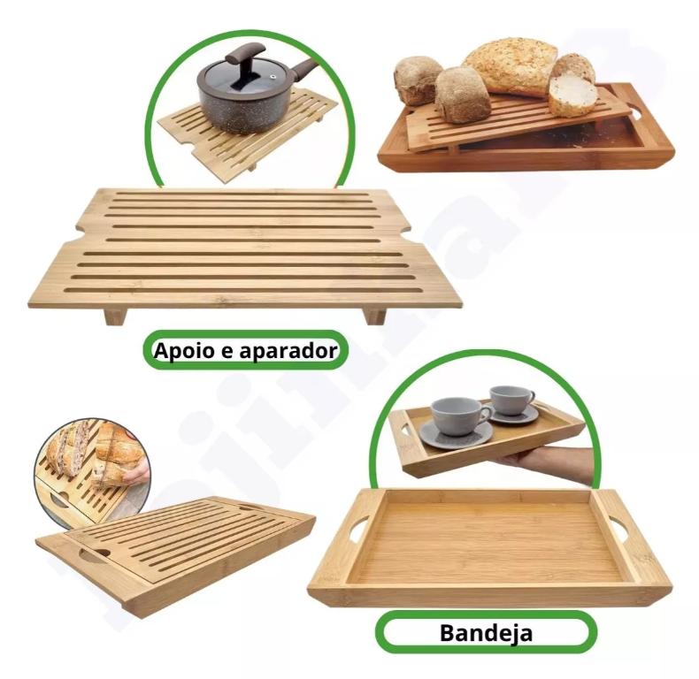 TÁBUA DE CORTE 4 EM 1 MIGALHEIRA DE PÃO COM BANDEJA EM BAMBU 36X22CM - CLINK