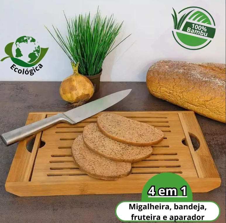 TÁBUA DE CORTE 4 EM 1 MIGALHEIRA DE PÃO COM BANDEJA EM BAMBU 36X22CM - CLINK