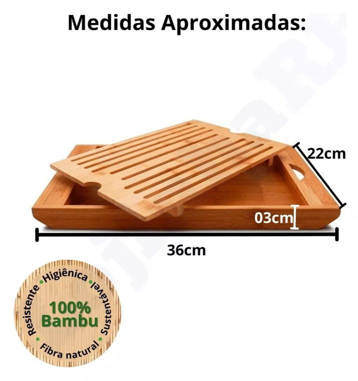 TÁBUA DE CORTE 4 EM 1 MIGALHEIRA DE PÃO COM BANDEJA EM BAMBU 36X22CM - CLINK