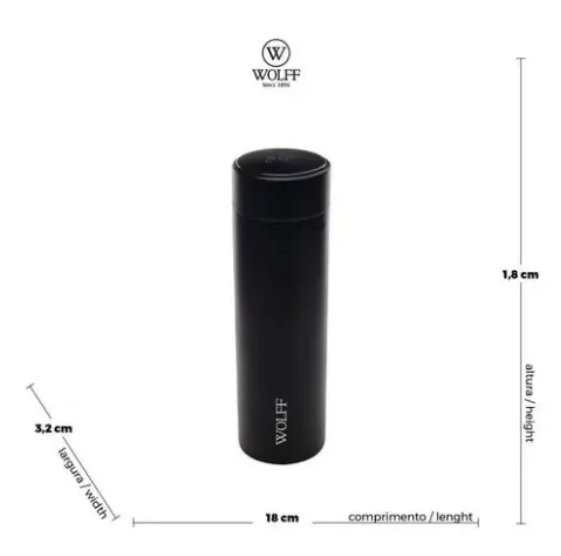 GARRAFA TÉRMICA AÇO INOX COM TERMÔMETRO EM LED PRETA 500ML