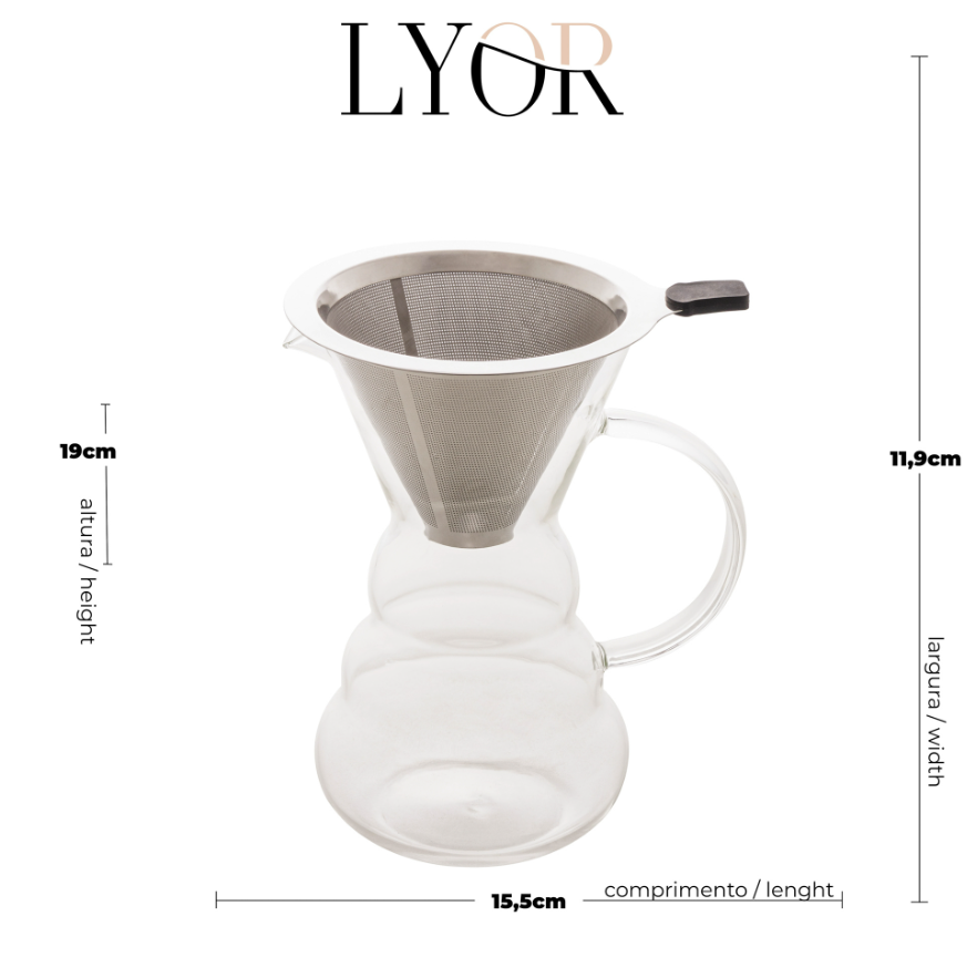CAFETEIRA DE VIDRO BOROSSILICATO RESISTENTE A CALOR COM FILTRO EM INOX 500ML - LYOR