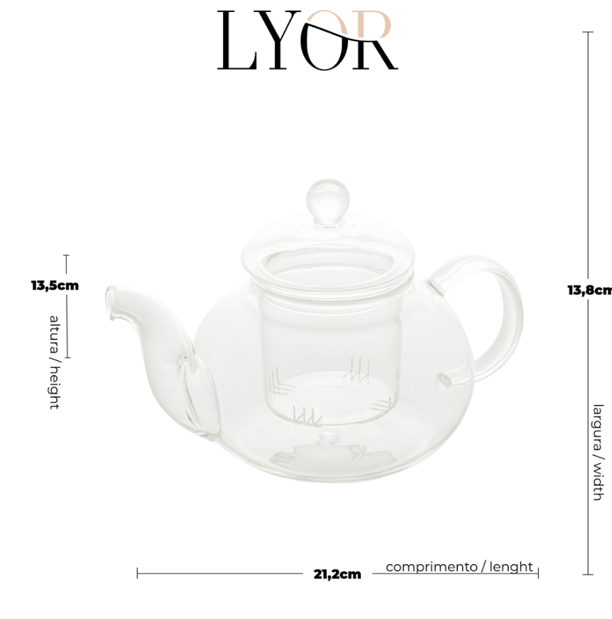 CHALEIRA DE VIDRO BOROSSILICATO COM INFUSOR RESISTENTE A CALOR 860ML - LYOR