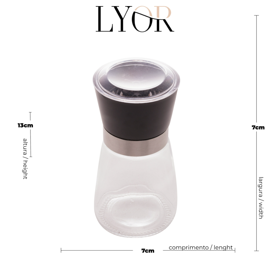 MOEDOR DE TEMPEROS TRANSPARENTE COM TAMPA PRETA 170ml - LYOR