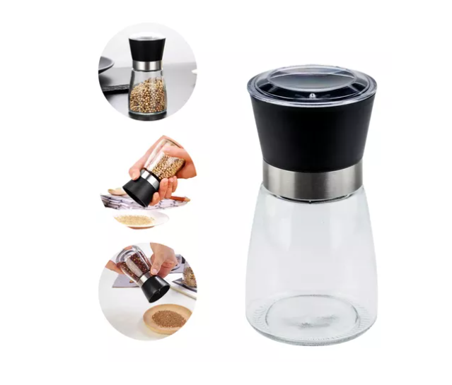 MOEDOR DE TEMPEROS TRANSPARENTE COM TAMPA PRETA 170ml - LYOR