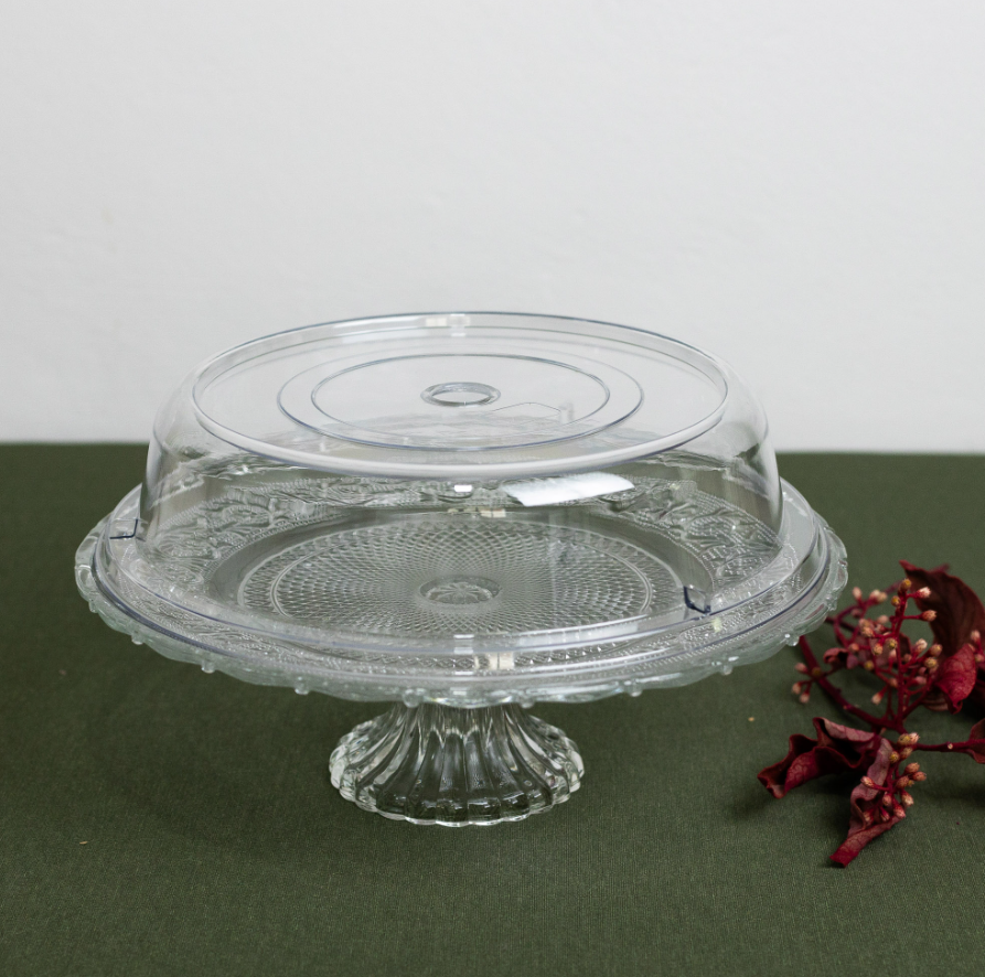 PRATO PARA BOLO DE VIDRO COM TAMPA DE PLÁSTICO ANGEL 30X10CM - LYOR