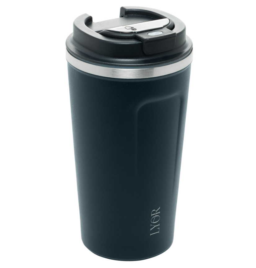 COPO TÉRMICO DE AÇO INOX PAREDE DUPLA COM TAMPA E TERMÔMETRO LED MOTION AZUL 500ML LYOR
