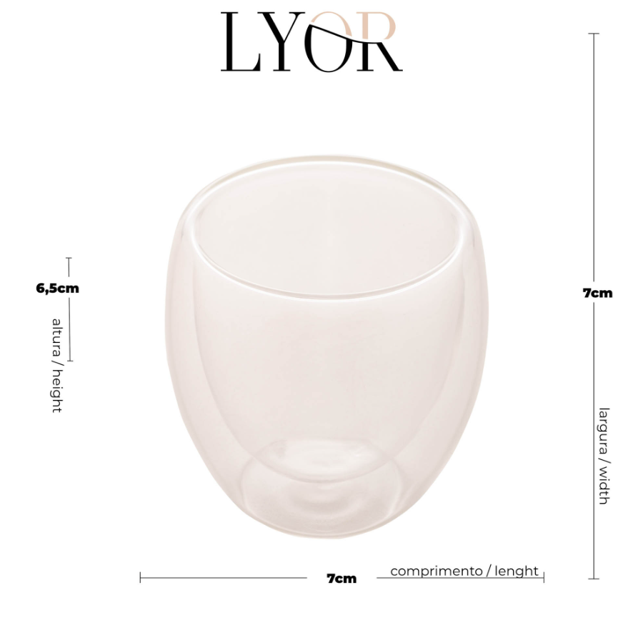 KIT COM 2 COPOS PARA CAFÉ DE VIDRO DUPLA PAREDE 80ML - LYOR